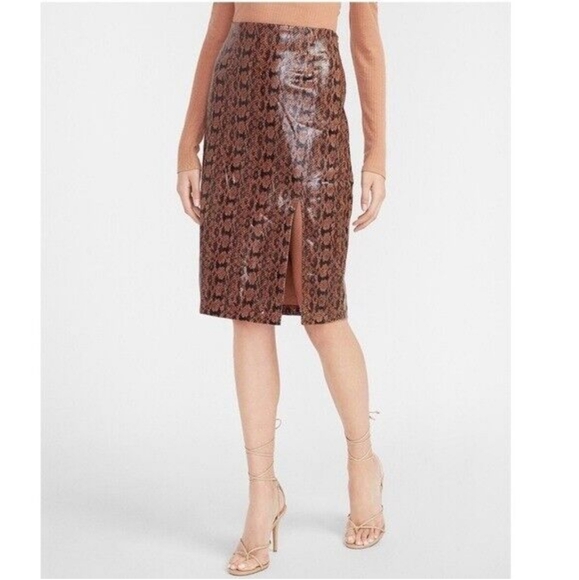 3/$25 Express Snake Skin Pencil Skirt 8 Slit Faux Leather Brown Black - Picture 1 of 8